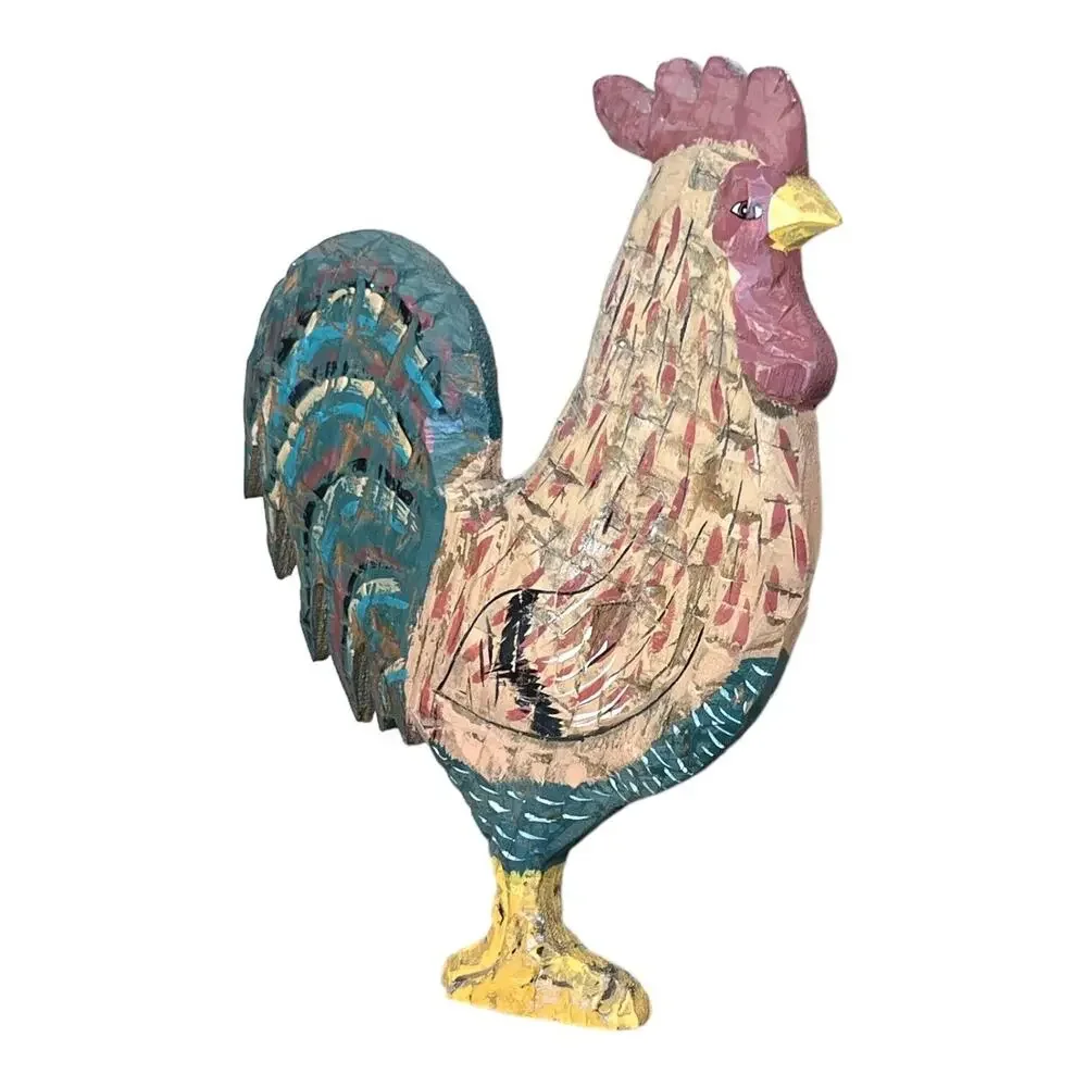 Vtg Wood Farmhouse Country Rooster Decor Hand Carved 12” Tall 9” Long Distressed